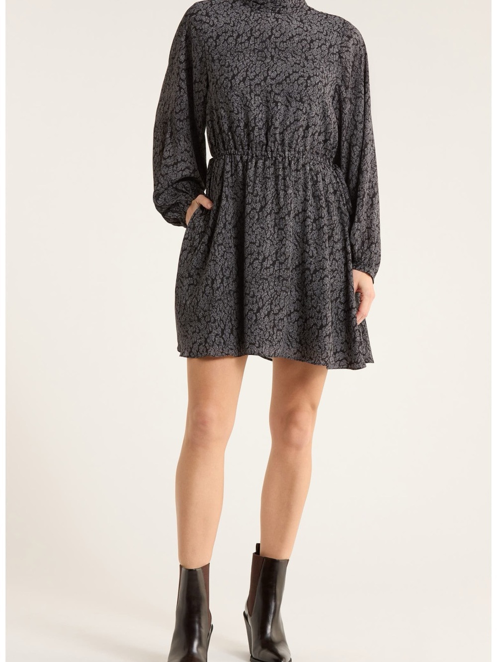 10 Crosby Derek Lam Black Floral-Print Long-Sleeve Dress